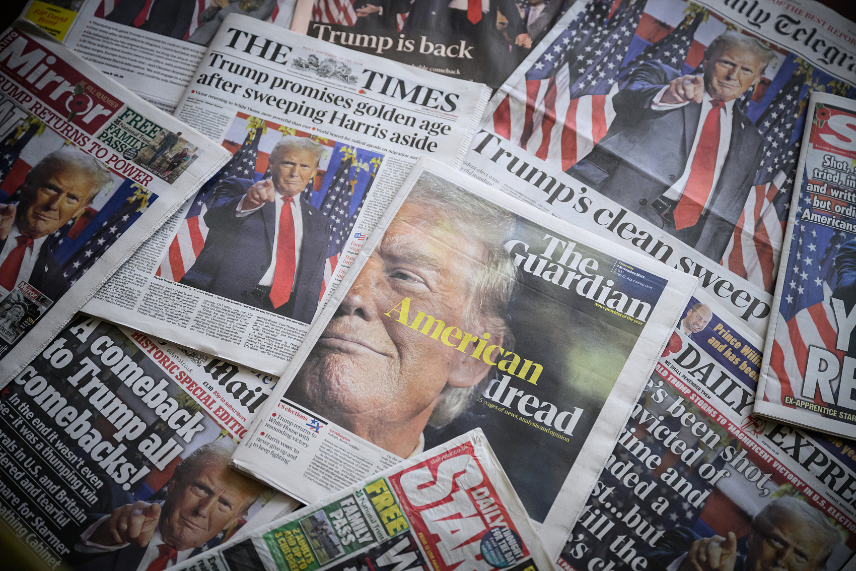 UK newspaper front pages display stories on the re-election of Trump